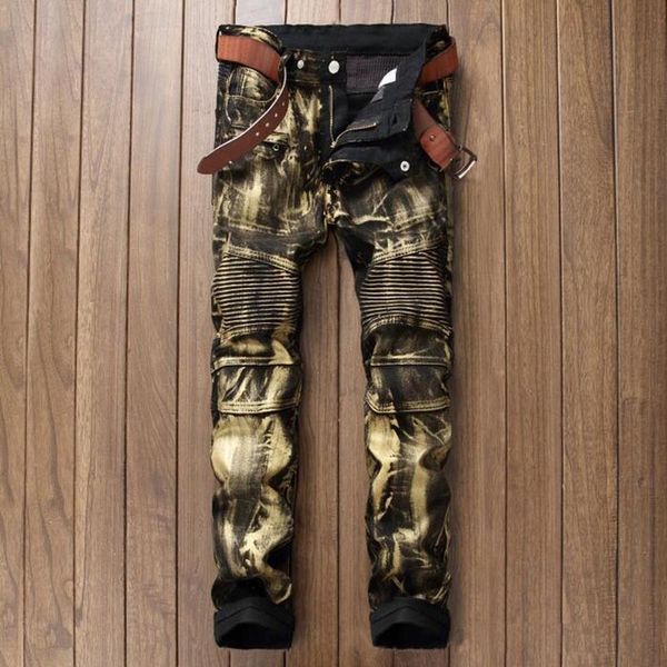 

марка конструктора mens байкер жан брюки привет-стрит slim fit окрашенный denim бегуны мужчина straight плиссе moto джинсы брюки q2570, Blue