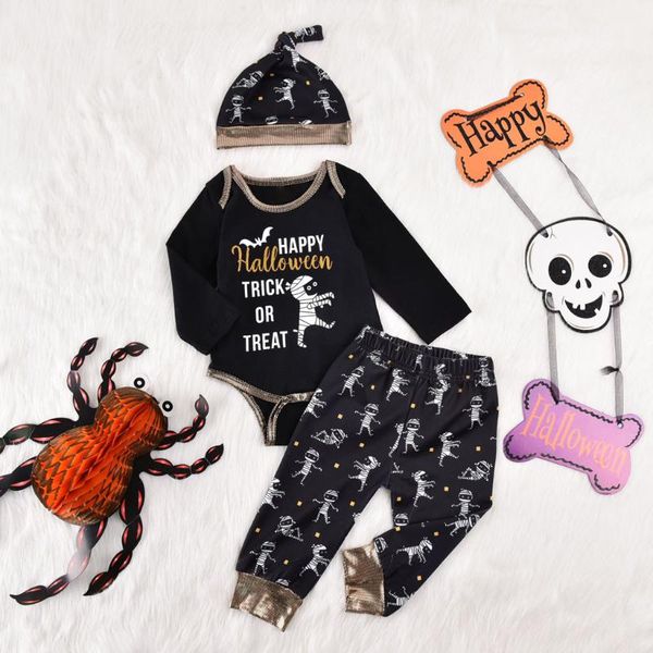 

infant baby boys halloween catoon letter print romper+cartoon pants+hat outfits cute infant children tracksuit set clothes, White
