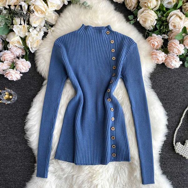 

yornmona new 2020 fashion buttons design sweater women autumn winter solid knitted pullover women slim soft jumper sweater, White;black