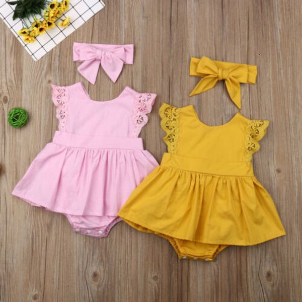 

2019 summer solid sweet newborn baby girl clothes headband fly-sleeve tutu skirt bodysuit outfit, Blue