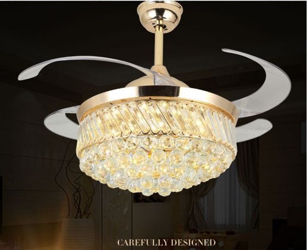 42 polegadas de luxo cristal remoto teto ouro Controle Fan Luz com três cores LED Mudança retrátil Blades Chandelier Decor LLFA