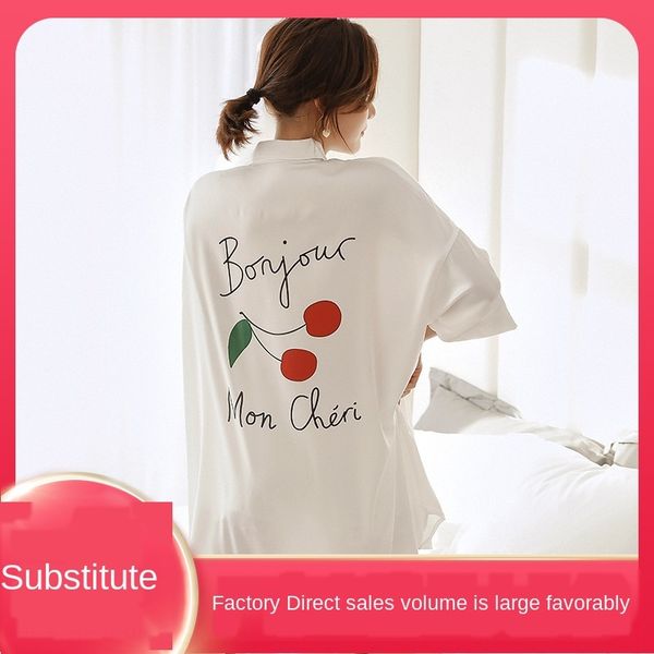 

p6toq ice silk women's summer loose thin white shirt pajamas simulation pajamas long sleeve simulation silk white shirt micro-transpare, Blue;red