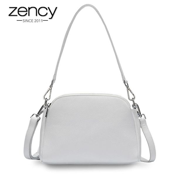 

zency 100% genuine leather fashion women shoulder bag white shell bags two zippers closing elegant crossbody purse black