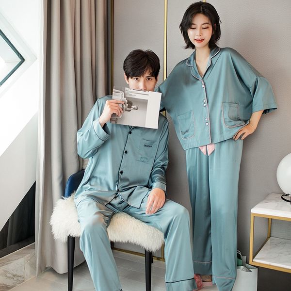 

2020 new fashion couple clothes furnishing clothing pajamas satin ice silk home suit korean loose simple home clothes, Blue;red