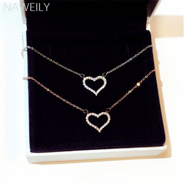 

fashion shiny heart pendant necklaces women jewelry exquisite rose gold white gold crystal short clavicle necklace, Silver