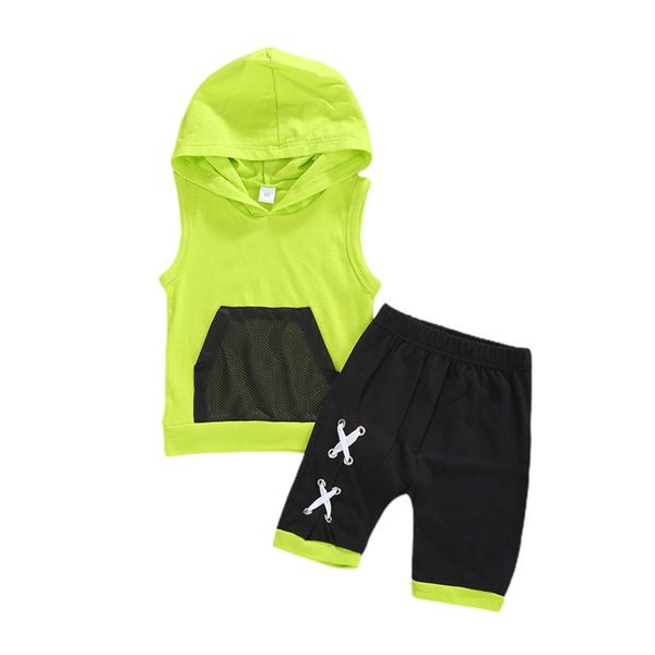 

bbay boys girls clothes summer 2pcs sets sportwear big pouch sleeveless hoodie +criss cross x elastic shorts kids clothing, White