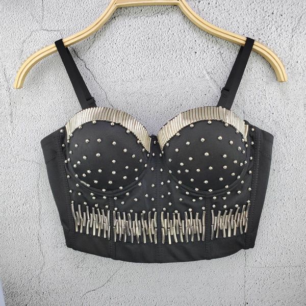 

19 silver tube beaded style nightclub sling dance sling jacket beaded performance code wrap chest steel ring vest top, Camo