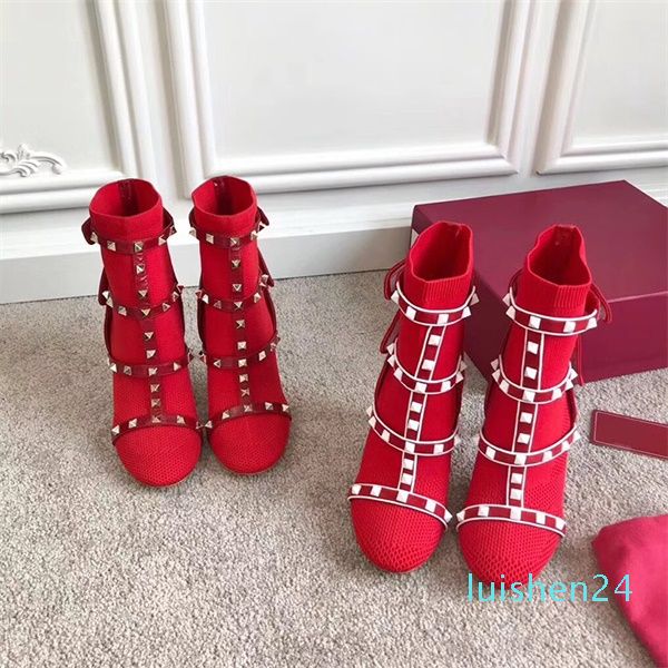 

women ankle booties sock studs boot fahsion shoes leather trimmed stretch knit sock high heel australia winter boots with box l24, Black