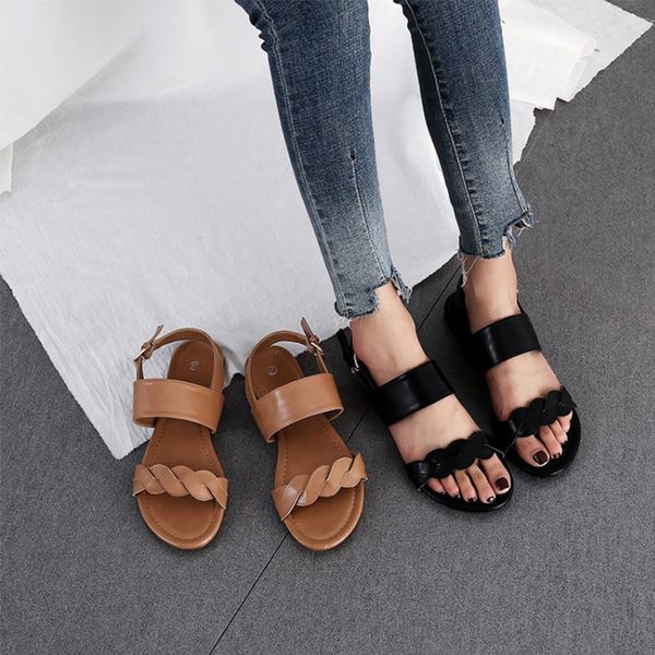 

2020 summer ladies pu leather flat bottom ladies sandals with buckle strap plus size casual sandals beach women, Black