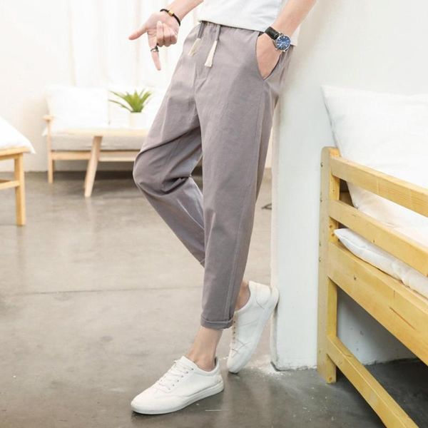 

fashion trousers men pure color trousers tethers cotton linen nine points small feet casual pant moletom masculino jogger a40, Black