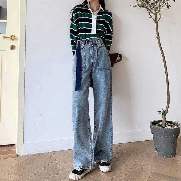 

high waist denim jeans womens wide leg pants solid vintage harajuku casual full-length korean adjustable belt straight jeans, Blue