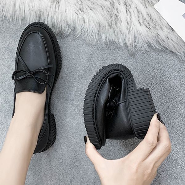 

carved bow-tie strap oxfords shoes women creepers slip on soft sole loafers preppy sew shallow mouth flats two wear single shoes, Black