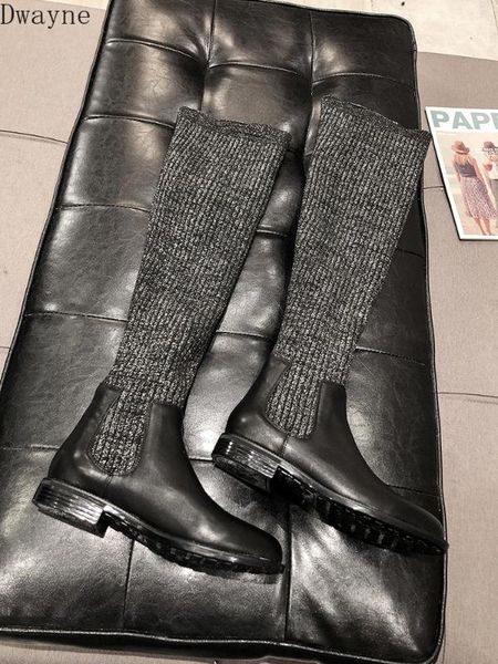 

2020 spring and autumn flat bottom knee long tube was thin elastic socks boots fashion sequins college stars women's boots, Black