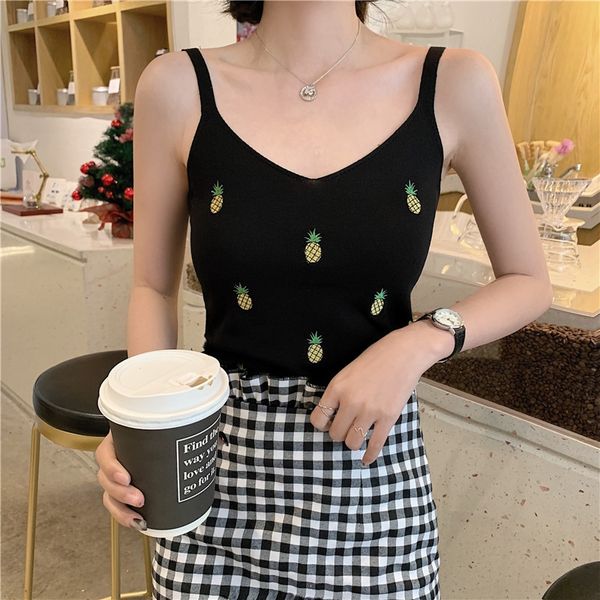 

2019 summer women's new embroidery knitted sling base shirt slim short vest pineapple with sling embroidered pineapple, Camo