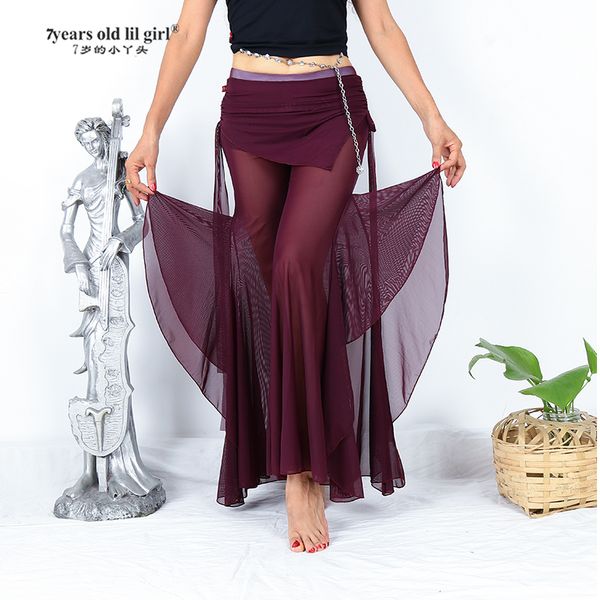 

stage wear belly dance pants transparent thin tribal flare with mini skirt fusion clothes, Black;red
