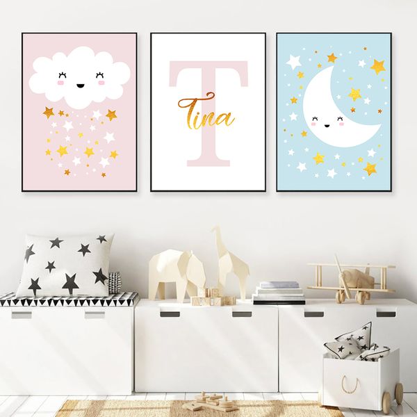 

nordic poster nursery canvas print moon cloud paintings custom name art prints cartoon star pictures cute baby room wall decor