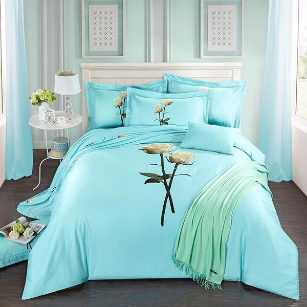 

40*40/144*76 reactive print bed sheet bed linen four pieces bedding set 100% cotton fabric,thigher thread count blue color happy rose design