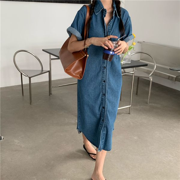 

party dresses 2021 women denim summer casual vintage single breasted turn-down collar pockets loose long dress, White;black