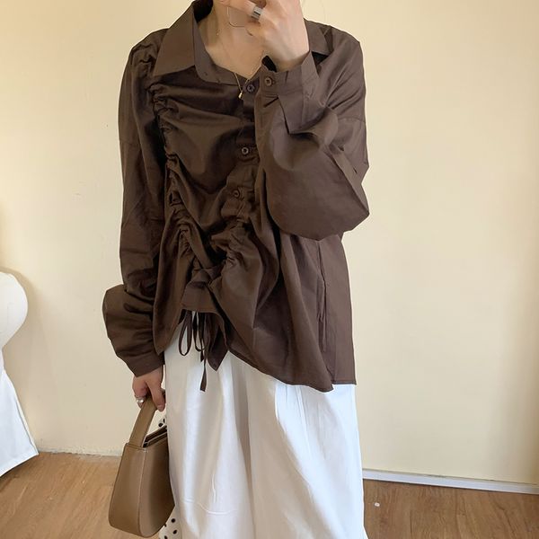 

2020 autumn loose blouse women harajuku drawstring design long sleeve vintage streetwear casual female cardigan shirt, White