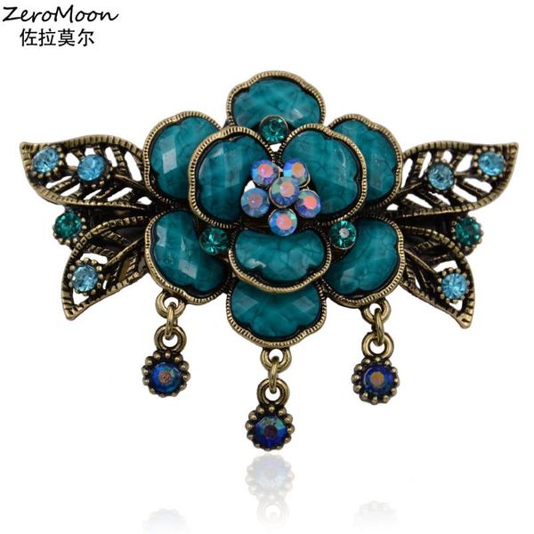 

antique style acrylic flower barrettes metal leaves crystal rhinestone hairpin women hair accessory fashion jewelry zeromoon, Golden;silver