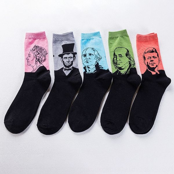 

kchag fashion fashionable personalized men's pure cotton character head portrait middle stockings stockings high high mid-tube high-tub, Black