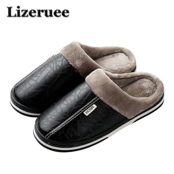 

size 35-50 genuine leather home slippers women men winter fur slippers warm plush indoor lovers shoes ks336, Black