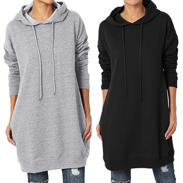 

2019 осень и зима новый крупный размер женщин свободный сплошной цвет карман свитер длинный с капюшоном толстовка капюшоном свитер, Black