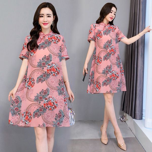 

wj9rs improved 2020 new chinese style printed short sleeve cheongsam mid-length loose fashion improved 2020 new chinese style printed short, Black;gray