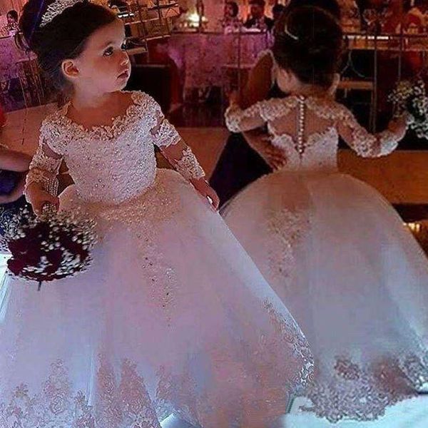 

2020 cute jewel шея шнурок девушок цветка платье с длинными рукавами тюля кружево из бисера первого причастия платья девушки pageant платье, White;blue