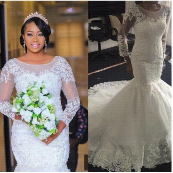 Abiti da sposa a sirena modesta collo trasparente maniche lunghe 2021 Plus Size Abiti da sposa da sposa africani con perline in rilievo di pizzo della Nigeria