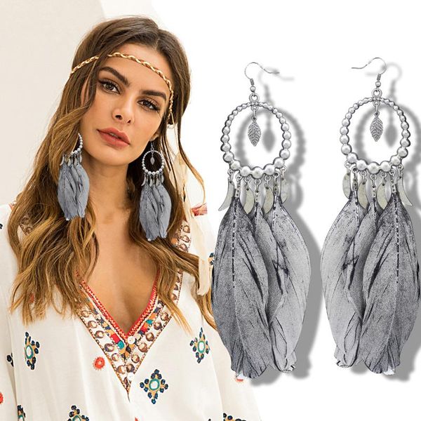 

vintage summer large dream catcher grey feather silver plated moon hoop dangle coral turkey blue stone