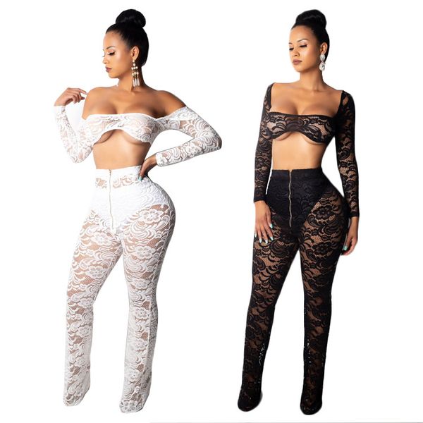 

women lace two piece set jumpsuit sheer hollow out off shoulder long sleeve crop shirts flare pants night club outfits, Black;white