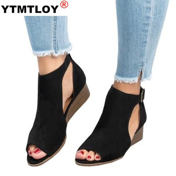 

women summer sandals mid heels wedges shoes ladies vintage pu leather plus size sandalias mujer sapato feminino ankle strap, Black