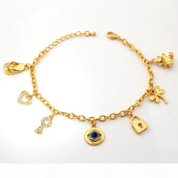 

18k real gold plated evil eyes cute bracelet key lock bear hearts bangles for girls jewelry wholesale yh5184, Golden;silver