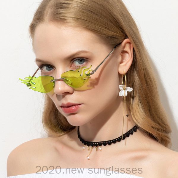 

flame rimless sunglasses women 2020 uv400 fashion vintage designer red punk trendy sun glasses shades for women fml, White;black