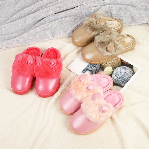 

big size winter slippers with fur women pu leather waterproof warm home slipper indoor cotton flip flops shoes, Black
