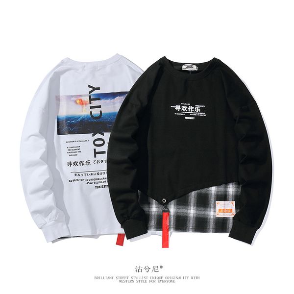 

2020 autumn hip hop graffiti splicing lattice hoodies mens casual pullover sweats hoodie male fashion skateboards sweatshirts, Black