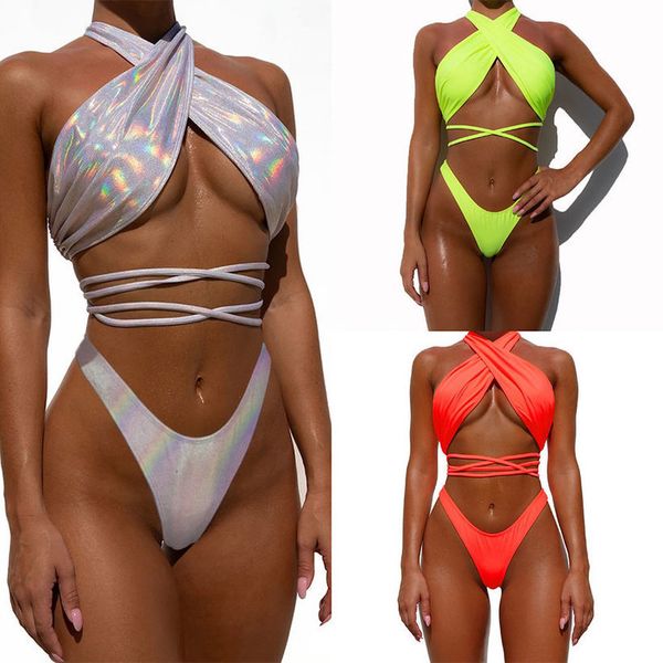 

cossbody bandage two piece swuit women swimwear sequins halter thong bikini set padded swimsuit women bathing suit 2020, White;black