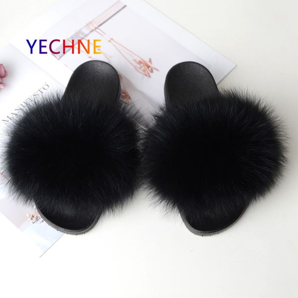 

женщины flat solid fox fur слайды покрытие главного крытый пушистый fox fur тапочки прекрасного cute fur тапочки drop доставка женская обувь, Black