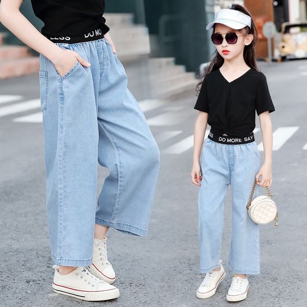

sqhp1 2020 new korean style jeans wide leg crawler children's girls summer ankle-length pants medium and large children's jeans wi, Blue