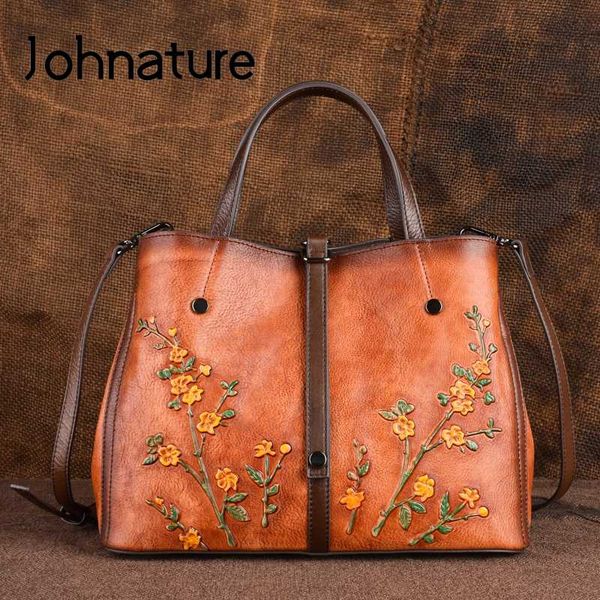 

johnature genuine leather retro embossed women handbags&crossbody bags 2020 new large capacity cowhide fashion floral totes