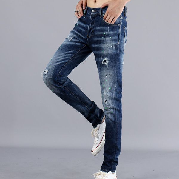 

2020 european and american new men's summer fashion thin thin hole straight embroidered jeans, designed by fashion masters, Blue