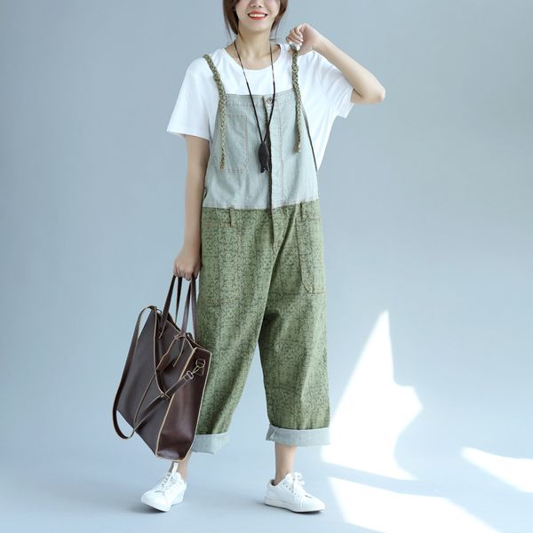 

scuwlinen 2020 women pants stitching denim ankle-length casual all-match overalls w26, Black;white
