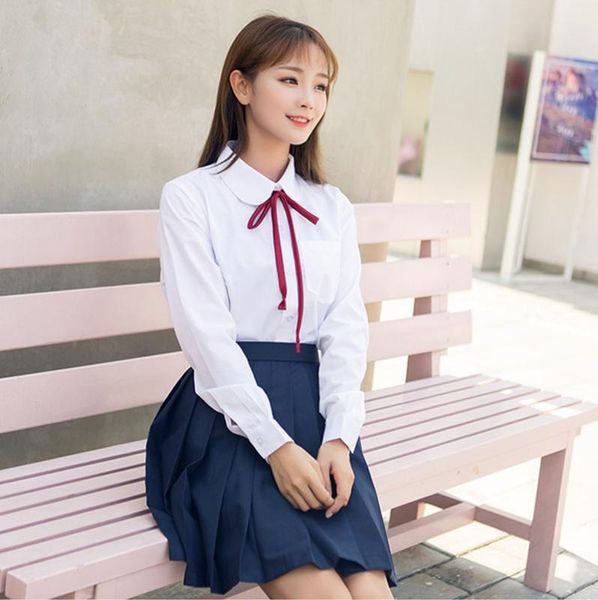 

girls japanese korean style school uniform long sleeve costume white t-shirt navy blue pleated skirt with red ribbon tie