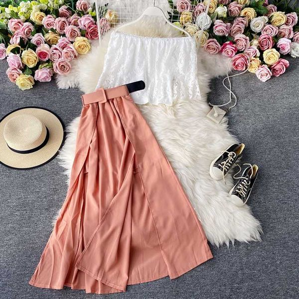 

fashion women summer 2 piece sets short sleeve lace crop and long skirts new 2020 office lady female outfits korean, White