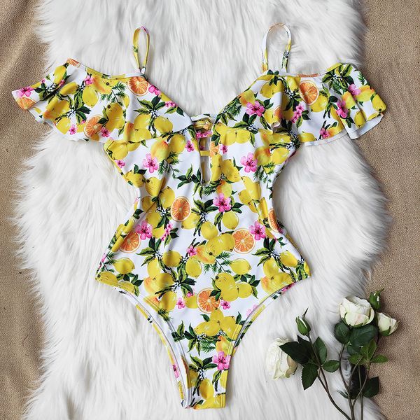 

one piece swimsuit 2020 print swimwear women ruffle monokini bodysuit off shoulder plus size bathing suit push up beachwear