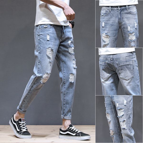 

wholesale 2020 fashion casual denim ripped holes jeans men's summer thin pants korean wild slim feet teenagers beggar trousers, Blue