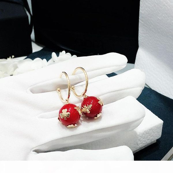 

designer jewelry luxury women red ball drop earrings hoop dangle earrings woman honeybee animal pearl stud earrings wedding jewelry, Golden