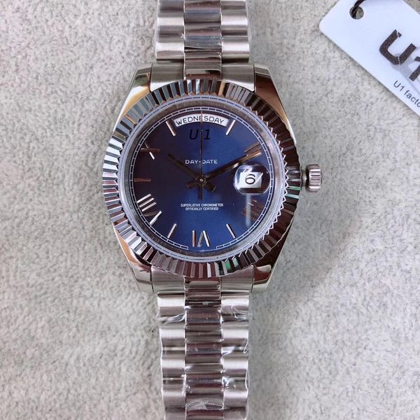 

40mm blue dial president stainless steel bracelet mens watch resistant scratch sapphire crystal watches automatic mechanical wristwatches, Slivery;brown