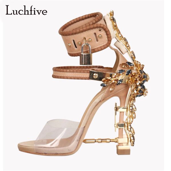 

luchfive ankle wrap rhinestone high heels women sandals abnormal jeweled heels party shoes locked pvc gladiator sandalias mujer, Black